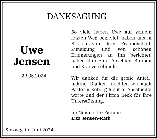 Traueranzeige von Uwe Jensen von Schleswiger Nachrichten, Schlei-Bote