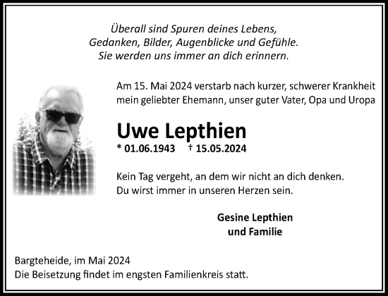 Traueranzeige von Uwe Lepthien von Stormaner Tageblatt