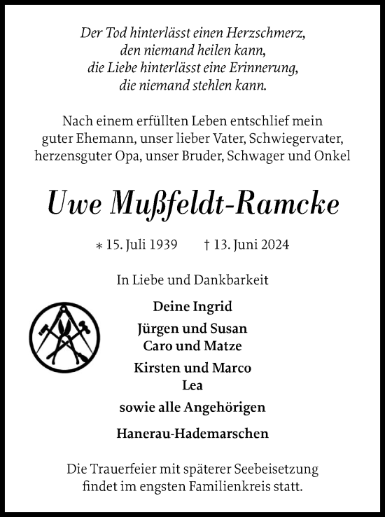 Traueranzeige von Uwe Mußfeldt-Ramcke von Schleswig-Holsteinische Landeszeitung
