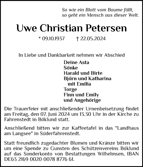 Traueranzeige von Uwe Christian Petersen von Schleswiger Nachrichten, Schlei-Bote