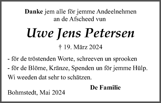 Traueranzeige von Uwe Jens Petersen von Husumer Nachrichten, Nordfriesland Tageblatt