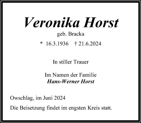 Traueranzeige von Veronika Horst von Schleswig-Holsteinische Landeszeitung