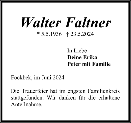 Traueranzeige von Walter Falther von Schleswig-Holsteinische Landeszeitung