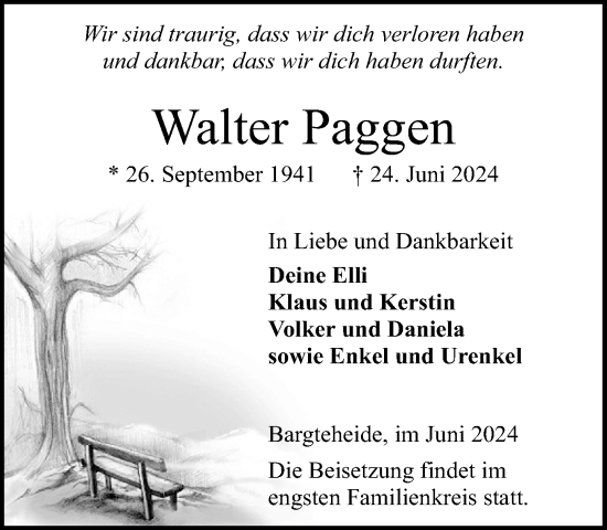 Traueranzeige von Walter Paggen von Stormaner Tageblatt