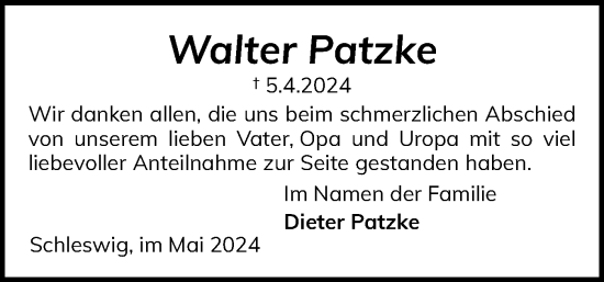 Traueranzeige von Walter Patzke von Schleswiger Nachrichten, Schlei-Bote