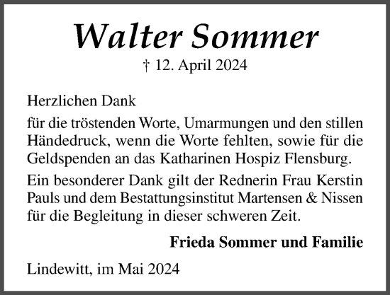 Traueranzeige von Walter Sommer von Region Flensburg