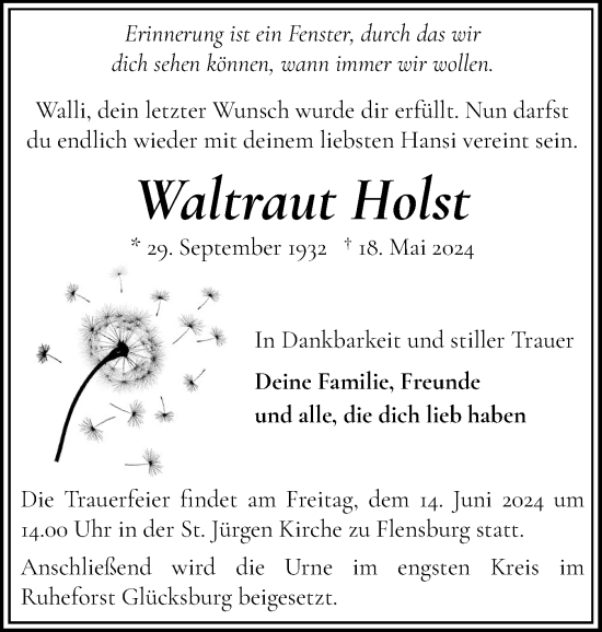 Traueranzeige von Waltraut Holst von Flensburger Tageblatt