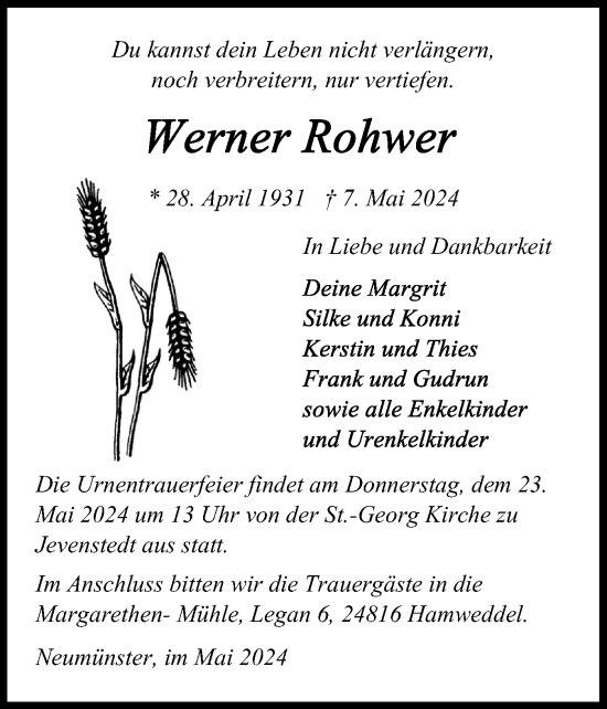 Traueranzeige von Werner Rohwer von Schleswig-Holsteinische Landeszeitung
