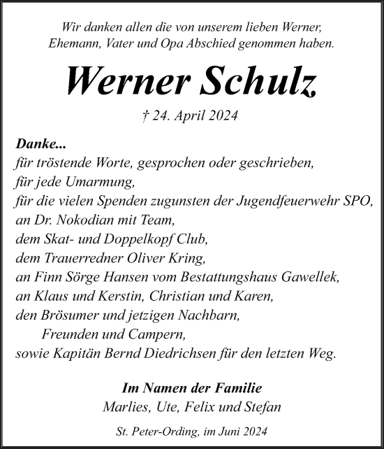 Traueranzeige von Werner Schulz von Husumer Nachrichten, Nordfriesland Tageblatt