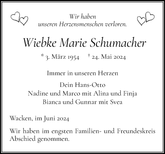 Traueranzeige von Wiebke Marie Schumacher von Norddeutsche Rundschau, Wilstersche Zeitung, Glückstädter Fortuna
