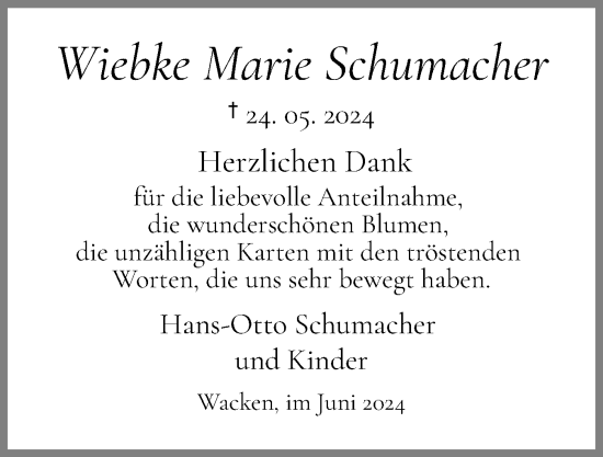 Traueranzeige von Wiebke Marie Schumacher von Norddeutsche Rundschau, Wilstersche Zeitung, Glückstädter Fortuna