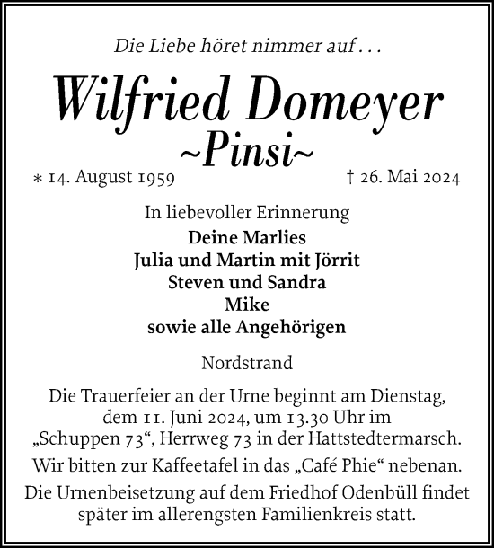 Traueranzeige von Wilfried Domeyer von Husumer Nachrichten, Nordfriesland Tageblatt