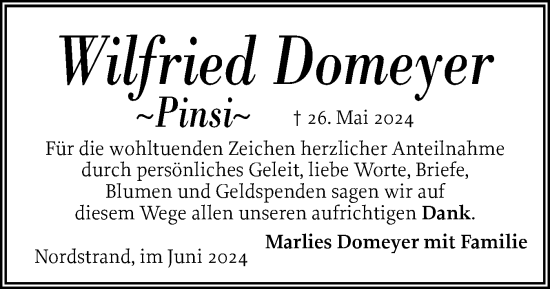 Traueranzeige von Wilfried Domeyer von Husumer Nachrichten, Nordfriesland Tageblatt