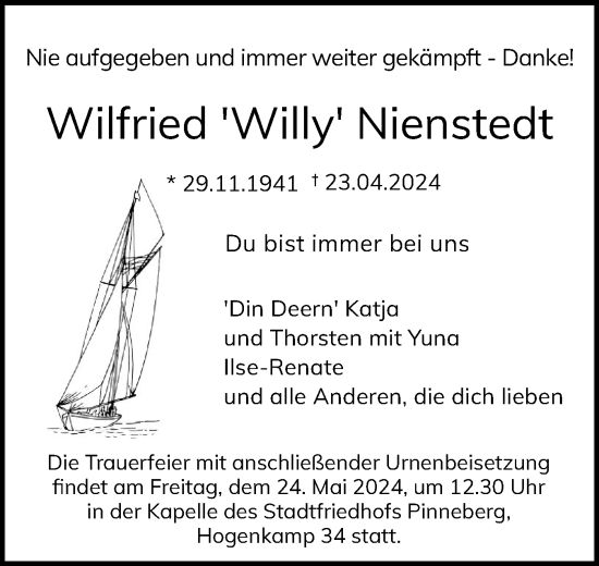 Traueranzeige von Wilfried Nienstedt von Region Pinneberg und tip Pinneberg