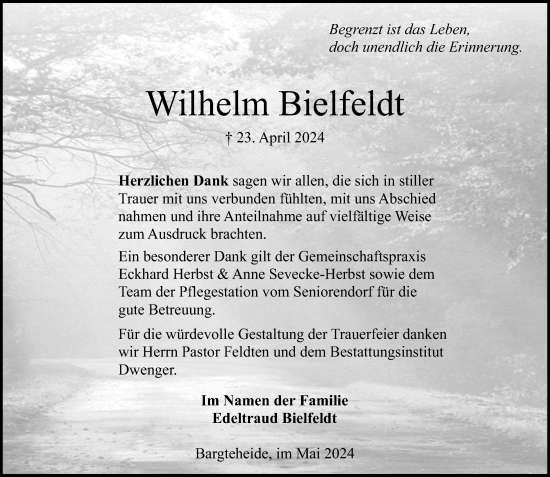 Traueranzeige von Wilhelm Bielfeldt von Stormaner Tageblatt