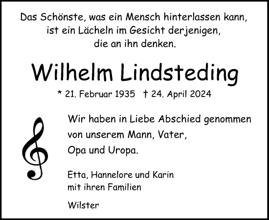Traueranzeige von Wilhelm Lindsteding von Norddeutsche Rundschau, Wilstersche Zeitung, Glückstädter Fortuna
