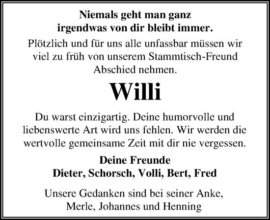Traueranzeige von Willi  von Flensburger Tageblatt, Schleswiger Nachrichten, Schlei-Bote