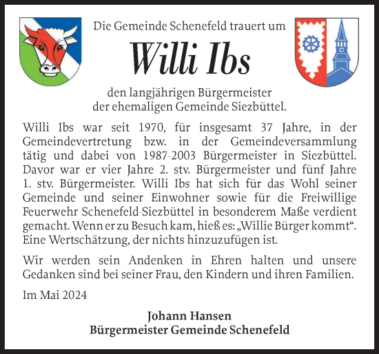 Traueranzeige von Willi Ibs von Norddeutsche Rundschau, Wilstersche Zeitung, Glückstädter Fortuna