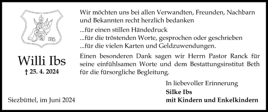 Traueranzeige von Willi Ibs von Norddeutsche Rundschau, Wilstersche Zeitung, Glückstädter Fortuna