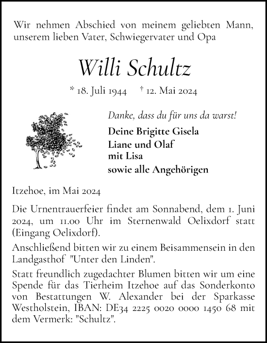 Traueranzeige von Willi Schultz von Norddeutsche Rundschau, Wilstersche Zeitung, Glückstädter Fortuna