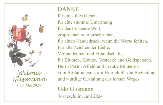 Traueranzeige von Wilma Glismann von Uetersener Nachrichten, Der tip am Wochenende