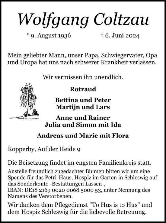 Traueranzeige von Wolfgang Coltzau von Schleswiger Nachrichten, Schlei-Bote
