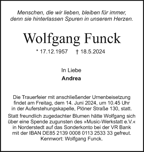 Traueranzeige von Wolfgang Funck von Holsteinischer Courier