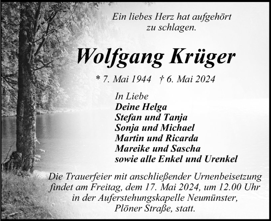 Traueranzeige von Wolfgang Krüger von Holsteinischer Courier