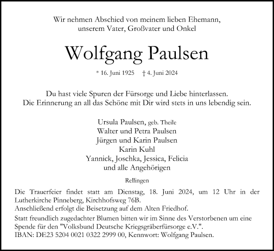 Traueranzeige von Wolfgang Paulsen von Region Pinneberg und tip Pinneberg