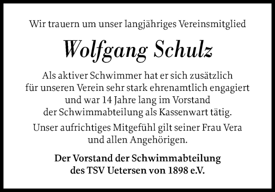 Traueranzeige von Wolfgang Schulz von Uetersener Nachrichten, Der tip am Wochenende
