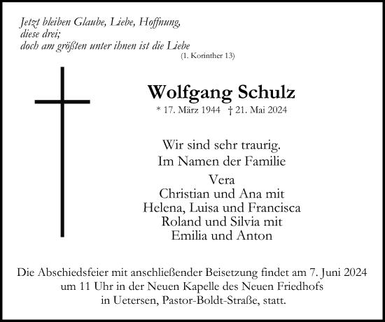 Traueranzeige von Wolfgang Schulz von Uetersener Nachrichten, Der tip am Wochenende