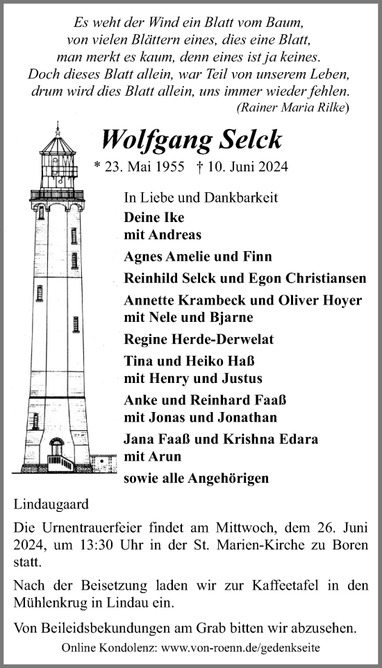 Traueranzeige von Wolfgang Selck von Schleswiger Nachrichten, Schlei-Bote