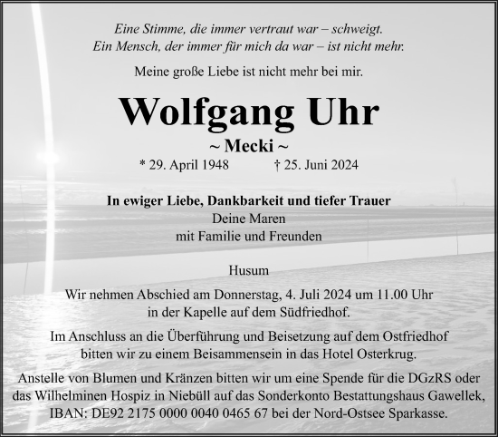 Traueranzeige von Wolfgang Uhr von Husumer Nachrichten, Nordfriesland Tageblatt