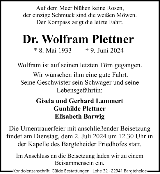 Traueranzeige von Wolfram Plettner von Stormaner Tageblatt