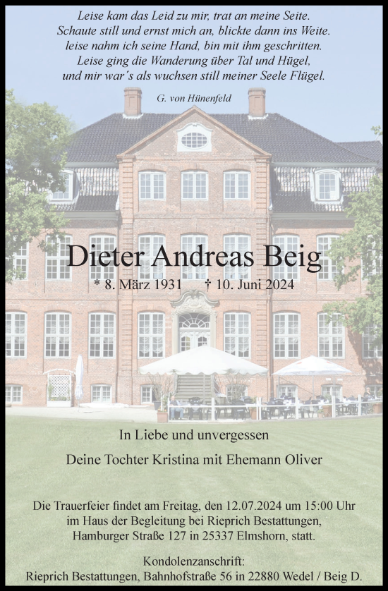 Traueranzeige von Dieter Andreas Beig von Region Pinneberg und tip Pinneberg