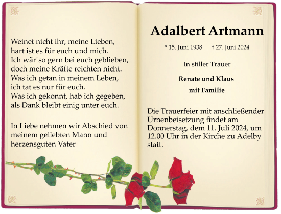 Traueranzeige von Adalbert Artmann von Flensburger Tageblatt