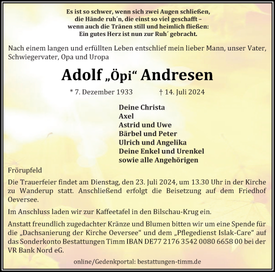 Traueranzeige von Adolf  Andresen von Flensburger Tageblatt