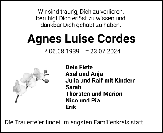 Traueranzeige von Agnes Luise Cordes von Flensburger Tageblatt