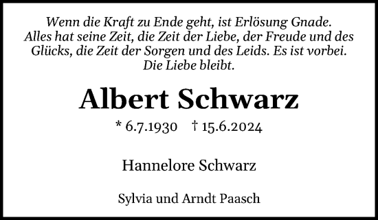 Traueranzeige von Albert Schwarz von Schleswiger Nachrichten, Schlei-Bote