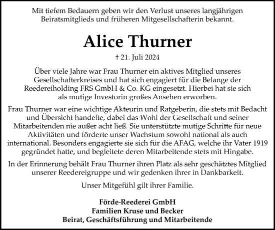 Traueranzeige von Alice Thurner von Flensburger Tageblatt