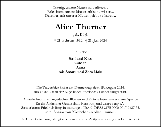 Traueranzeige von Alice Thurner von Flensburger Tageblatt
