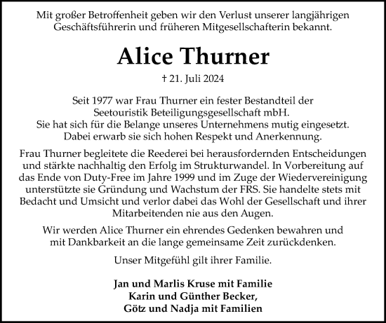 Traueranzeige von Alice Thurner von Flensburger Tageblatt