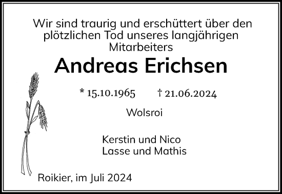 Traueranzeige von Andreas Erichsen von Flensburger Tageblatt