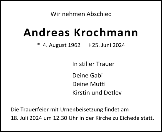 Traueranzeige von Andreas Krochmann von Stormaner Tageblatt