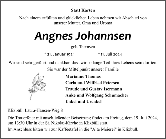 Traueranzeige von Angnes Johannsen von Husumer Nachrichten, Nordfriesland Tageblatt