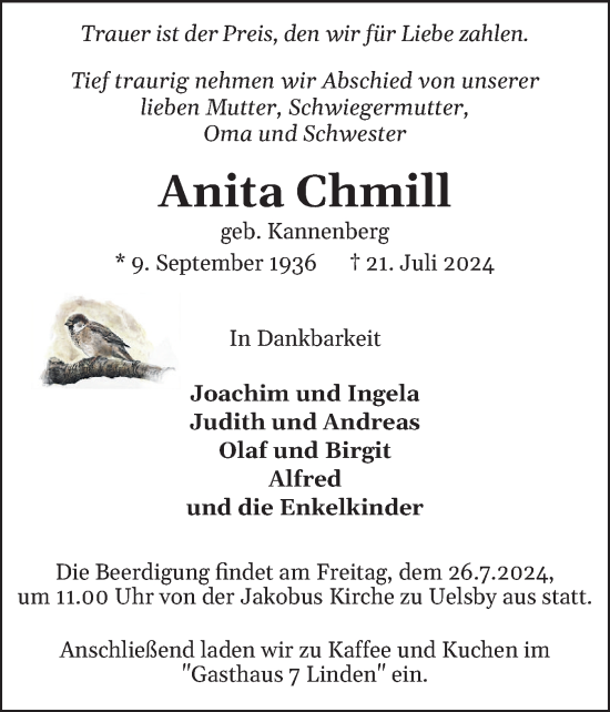 Traueranzeige von Anita Chmill von Schleswiger Nachrichten, Schlei-Bote