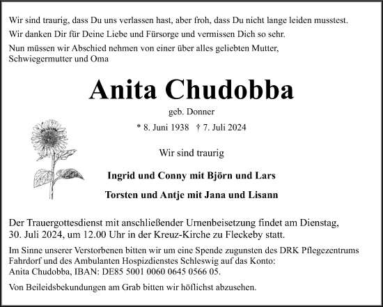 Traueranzeige von Anita Chudobba von Eckernförder Zeitung, Hallo Eckernförde