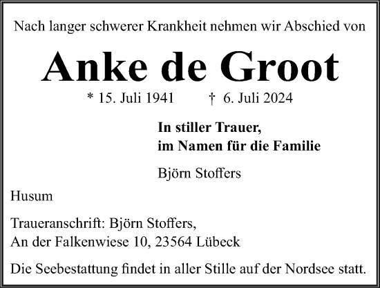 Traueranzeige von Anke de Groot von Husumer Nachrichten, Nordfriesland Tageblatt