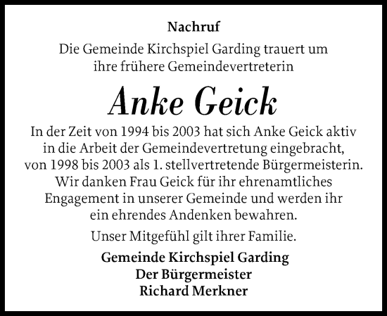 Traueranzeige von Anke Geick von Husumer Nachrichten, Nordfriesland Tageblatt