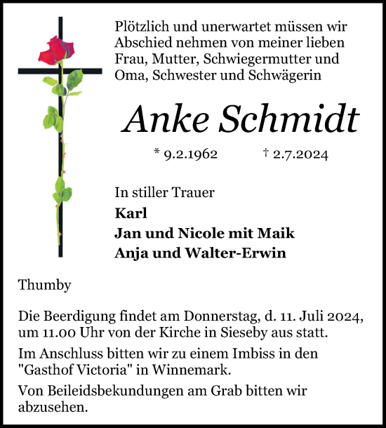 Traueranzeige von Anke Schmidt von Eckernförder Zeitung
